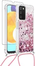 Asuwish Phone Case for Samsung Galaxy A03s US Version 5G 2022 with Screen Protector Crossbody Strap Bling Liquid Glitter Clear Slim Protective Cell Cover Ao3s A 03s SM-A037U SM A037U Women Rose Gold