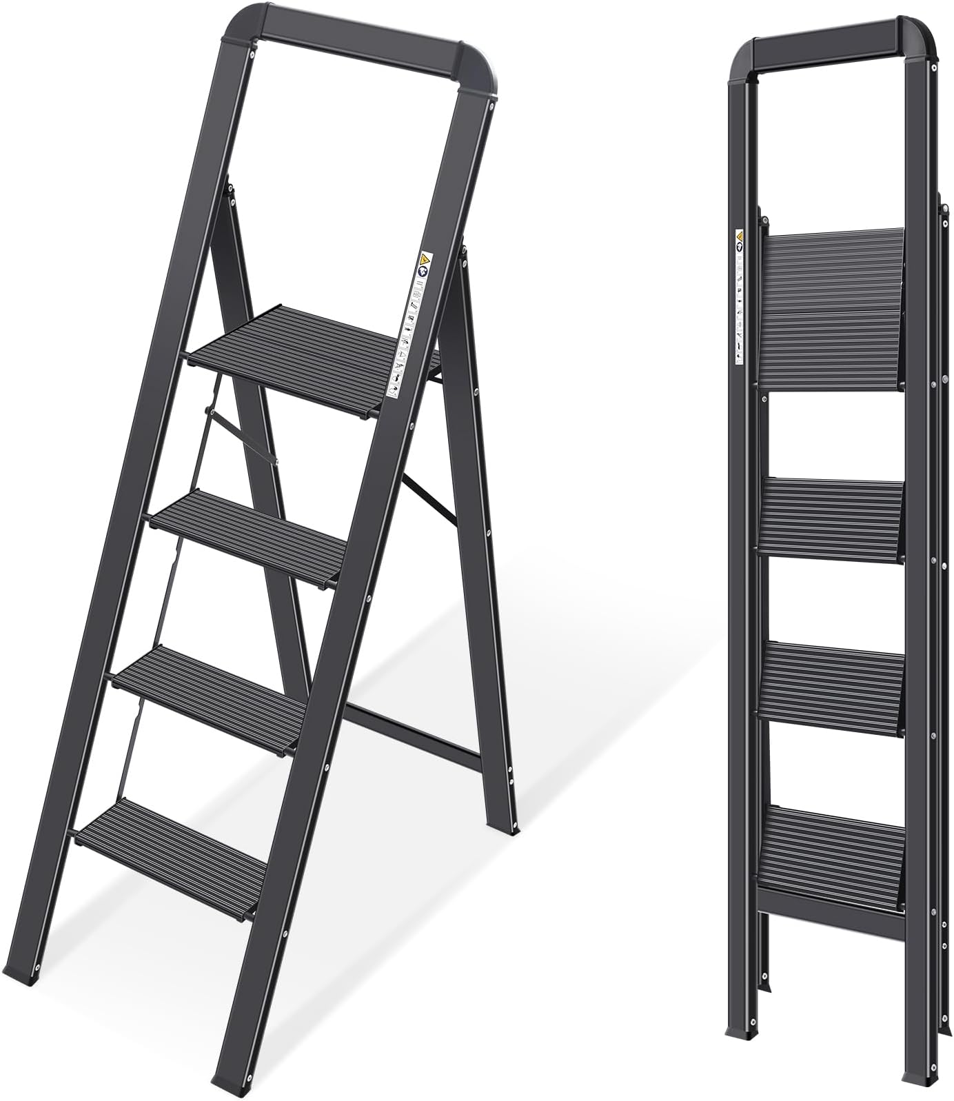 KINGRACK Aluminium 4 Step Ladder, Lightweight Step Stool with Non-Slip Pedals, Handrail, Foldable Step Ladder for Kitchen, Garage, Home, Space Saving, Sturdy and Portable, Black