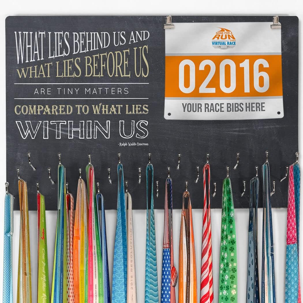 Gone For a Run Hooked On Medals and Bibs | Medal Hanger and Bib Display | What Lies Behind Us