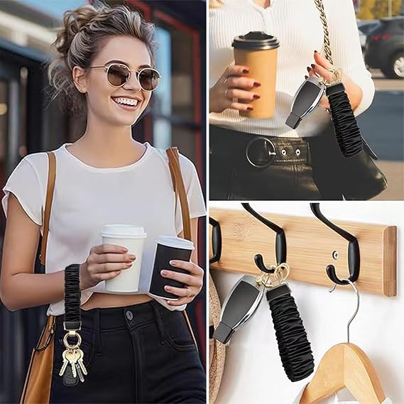 Stretchy Scrunchie Keychain Wristlet, Key Chain with D Ring Lanyard Strap for Women Men Car Keys ID Badges Wallet