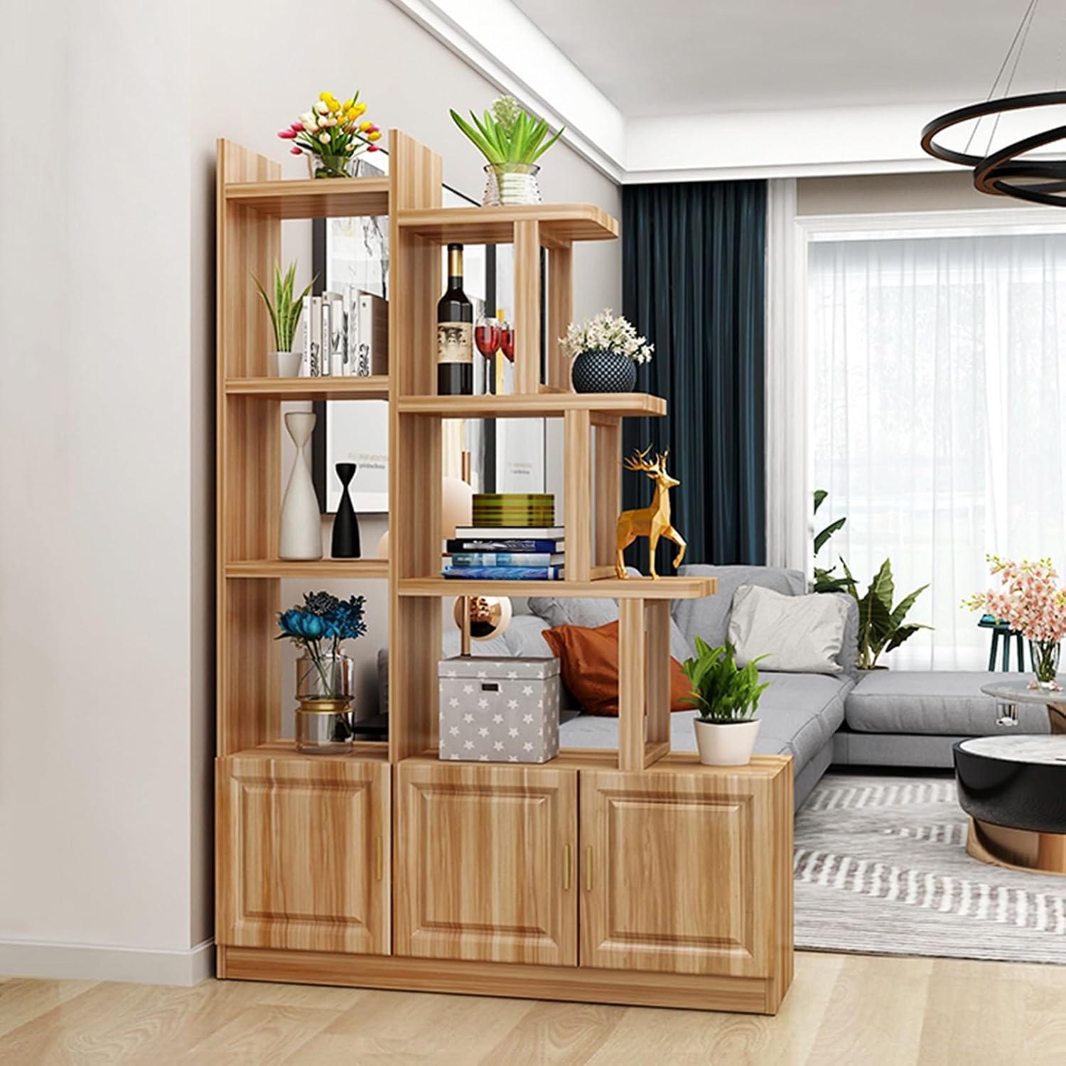 Partition Room Divider Modern Storage Cabinet Display Bookshelf Separation Screen with Shelves Temporary Wall Privacy Panel for Home Office Dorm Entrance Hall Decorative(Walnut,47"Lx71"H/120*180cm)