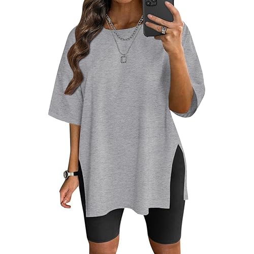 VNIRA Plus Size T Shirt for Women Oversized Cotton Short Sleeve Workout Top Loose Fit Side Split Casual Basic Tunic Top