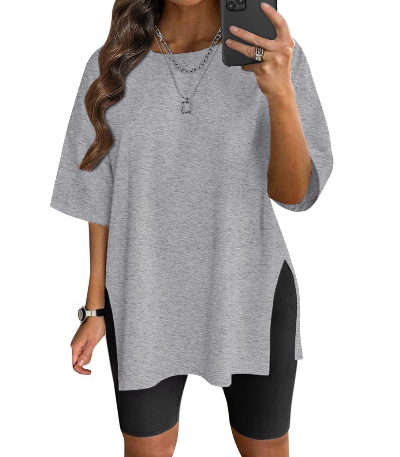 VNIRAPlus Size T Shirt for Women Oversized Cotton Short Sleeve Workout Top Loose Fit Side Split Casual Basic Tunic Top