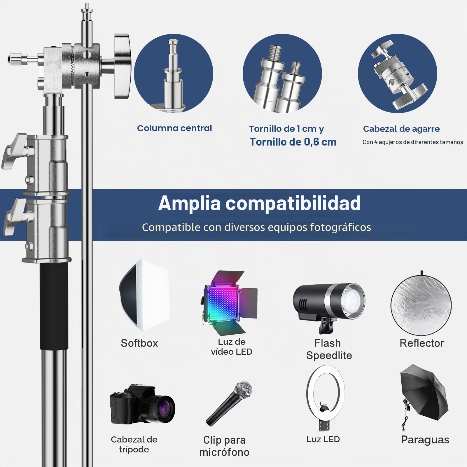 EMART C Stand Extensible con Brazo Jirafa de 128cm, 300cm Soporte de Iluminación de Acero Inoxidable Ajustable para Reflector, Softbox, Monolight, Paraguas