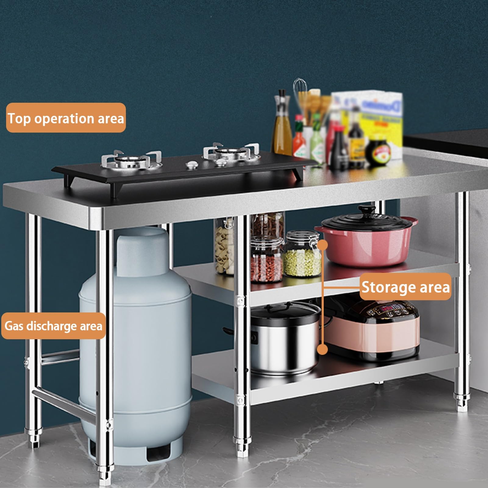Tavolo da lavoro in acciaio inossidabile, tavolo da lavoro per la preparazione di alimenti commerciali, tavolo da catering per cucina con piedini regolabili, tavolo centrale per catering in acciaio i