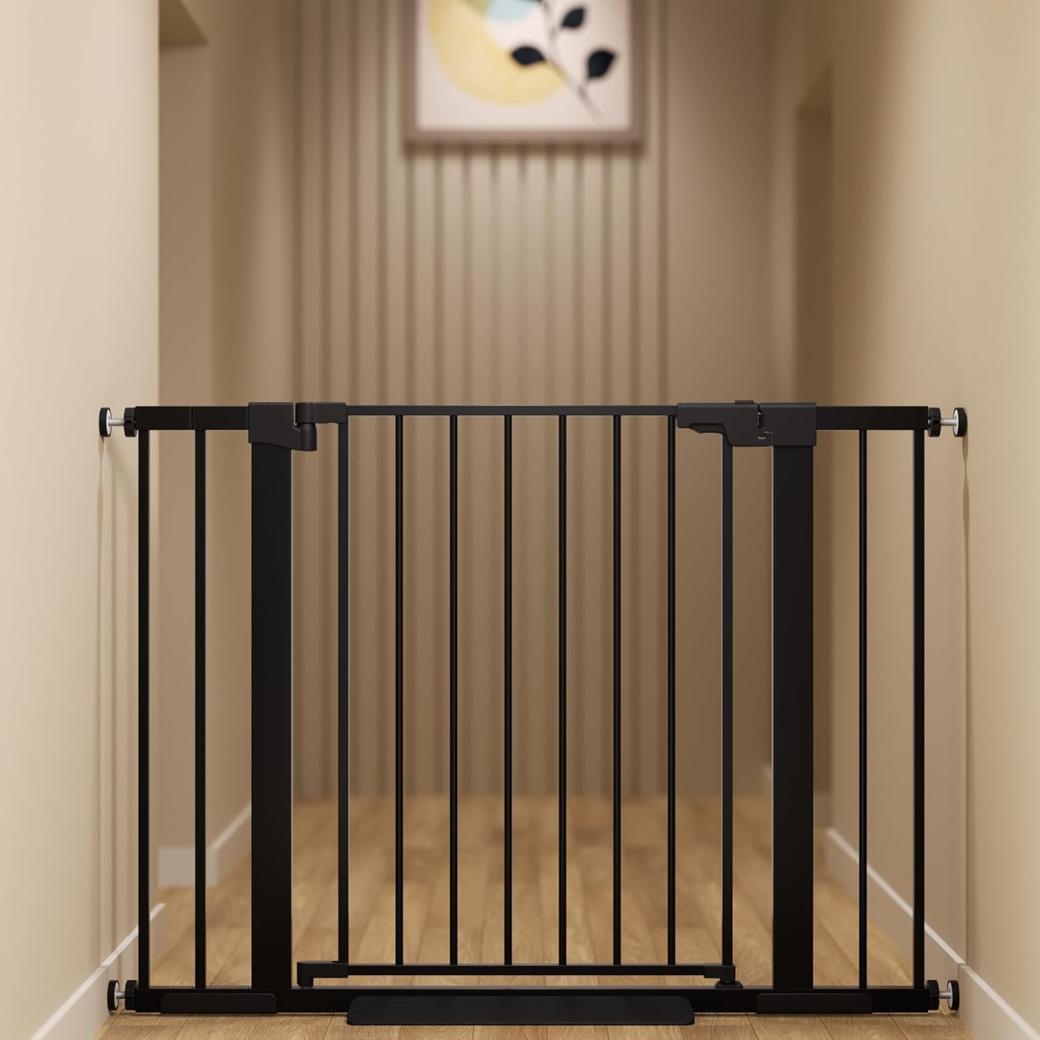 29-42 inches Metal Baby Gate for Stairs/Doorways, 30 inches Tall Pressure Mounted Pet Gates, Auto-Close Child Safety Gate, No Drilling Easy Walk-Through Dog Gate Indoor, Black