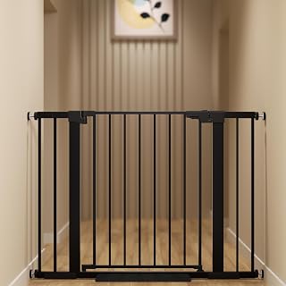 29-42 inches Metal Baby Gate for Stairs/Doorways, 30 inches Tall Pressure Mounted Pet Gates, Auto-Close Child Safety Gate, No Drilling Easy Walk-Through Dog Gate Indoor, Black
