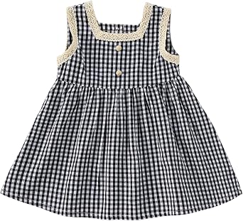 Girls Plaid Gingham Sleeveless A Line Dress Square Neck Lace Trim Dresses
