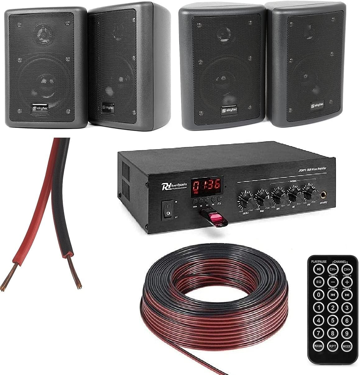 IMPIANTO AUDIO FILODIFFUSIONE 4 CASSE PARETE BLACK BLUETOOTH RADIO FM USB