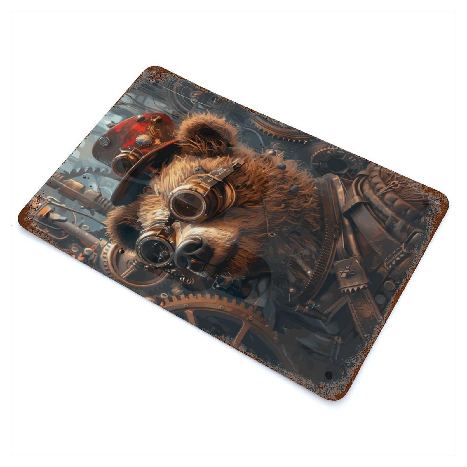 Distressed Metal Wall Sign Steampunk Bear Animal 11.8"x7.9", Vintage Wall Decor for Garage, Bar And Workshop Decor