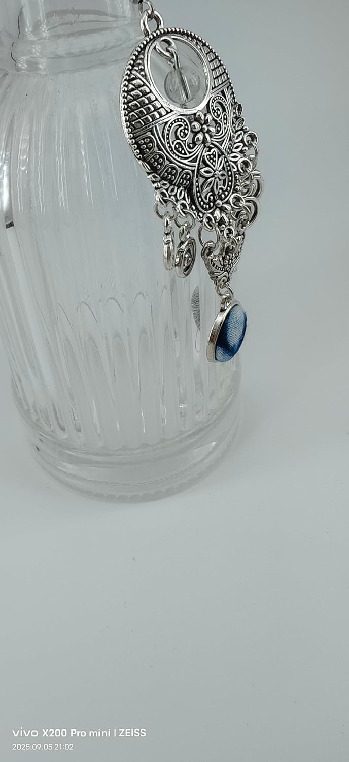 Vintage Bohemian Chandelier Earrings, Antique Silver Filigree with Blue Indigo Tie-Dye Fabric Accent, Handmade Ethnic Drop Dangle Style - Image 3