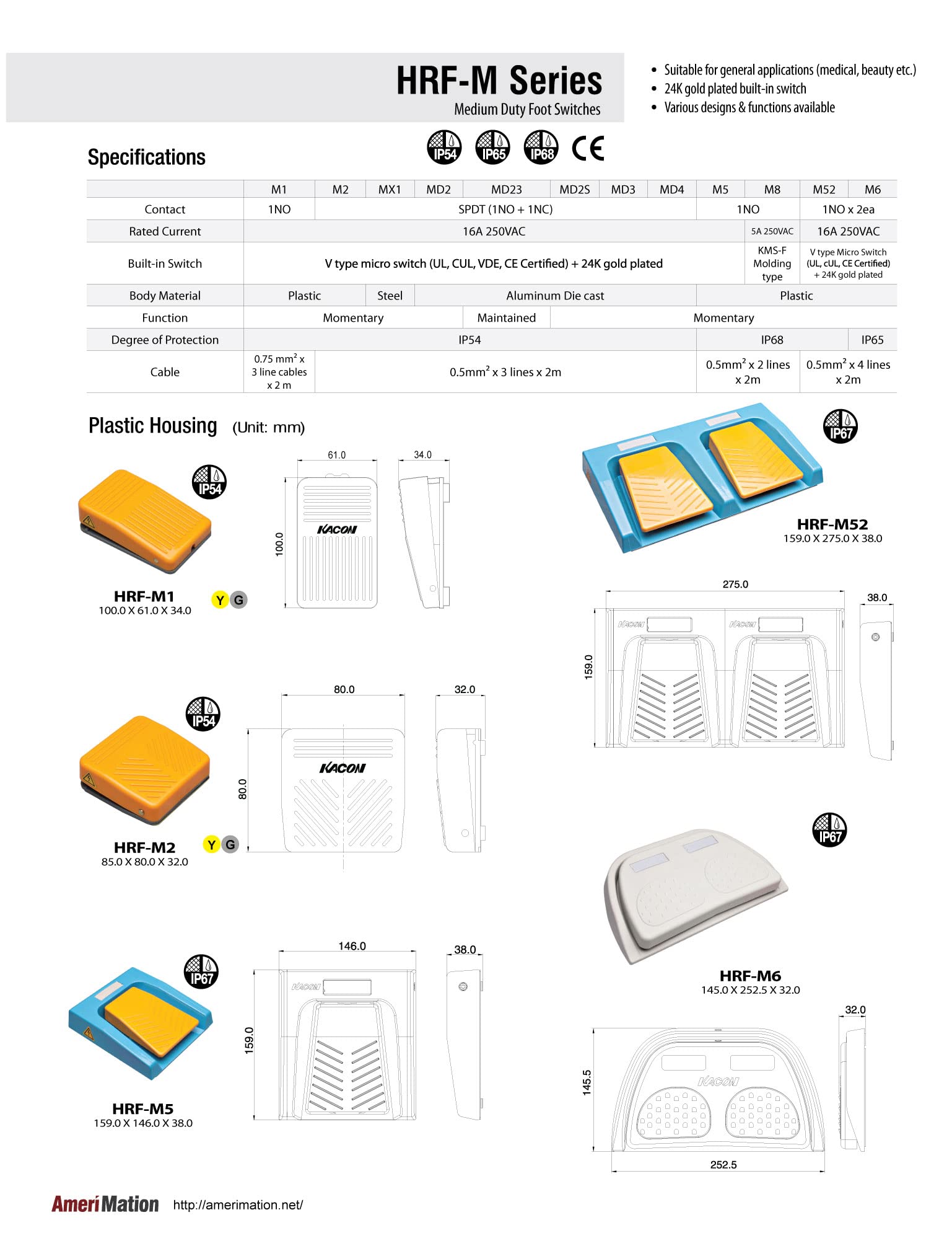 HRF-M1-Y, Foot Switch, Momentary, Plastic Yellow Housing, L100xW61xH34mm, IP54, 1NO, 16A 250VAC, 2m Cable