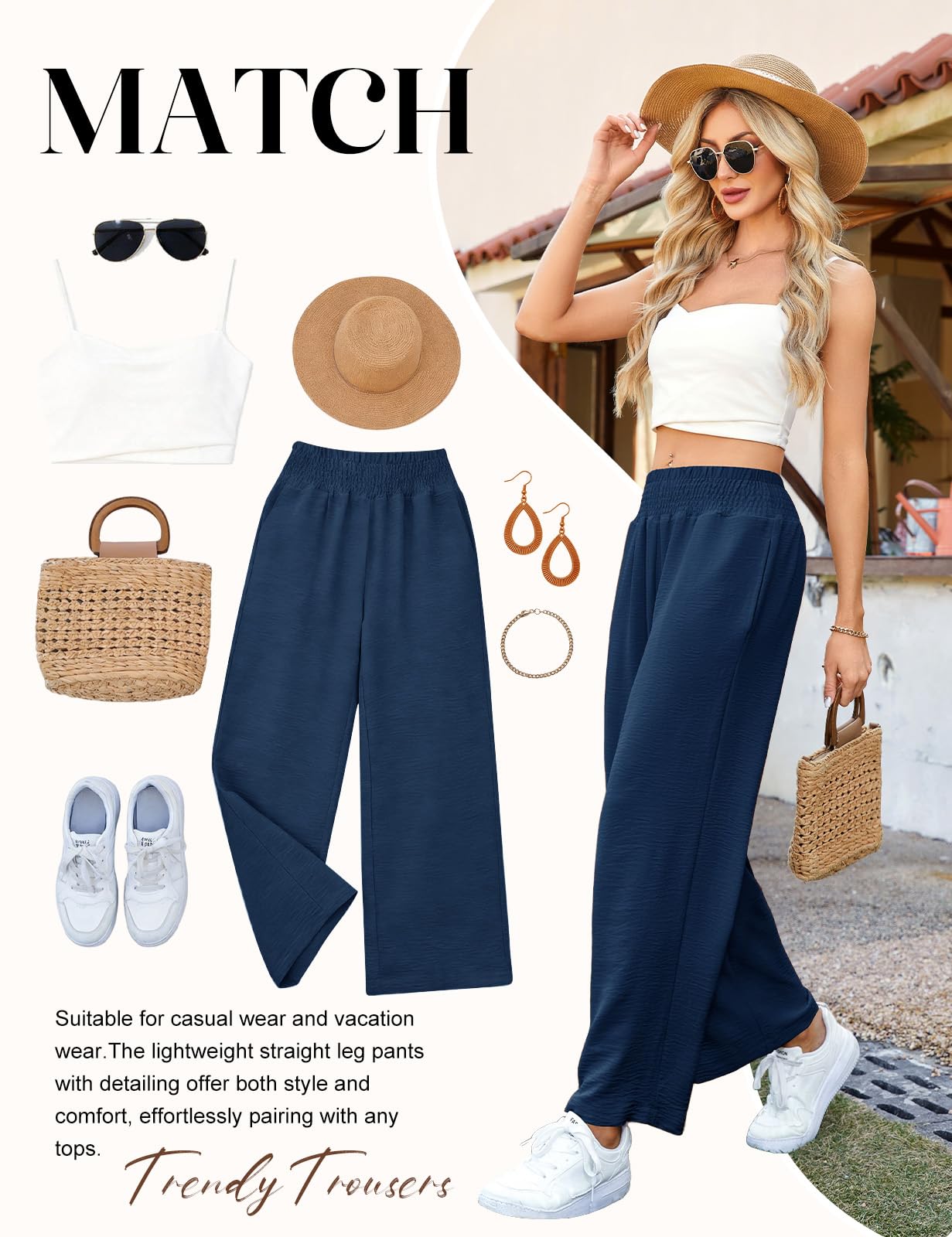 CMTOP Pantalones Mujer Verano Casuales Ligero Pantalones Anchos Fluido Pantalon Elástico Cintura Suelta Pantalone Comodo Playa Pantalón con Bolsillos