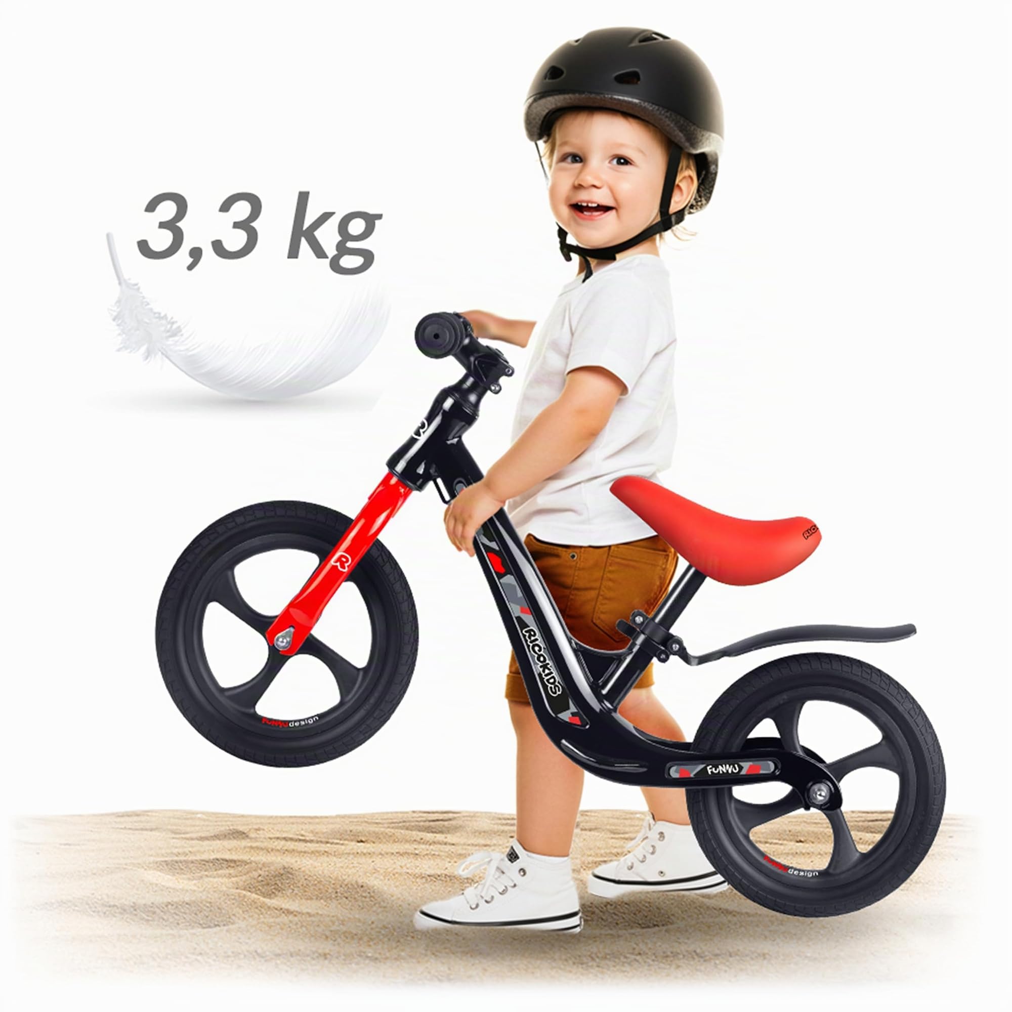 Ricokids Draisienne pour Enfant - Selle réglable en Hauteur - Roues en polyuréthane Anti-crevaison 12" - Noir