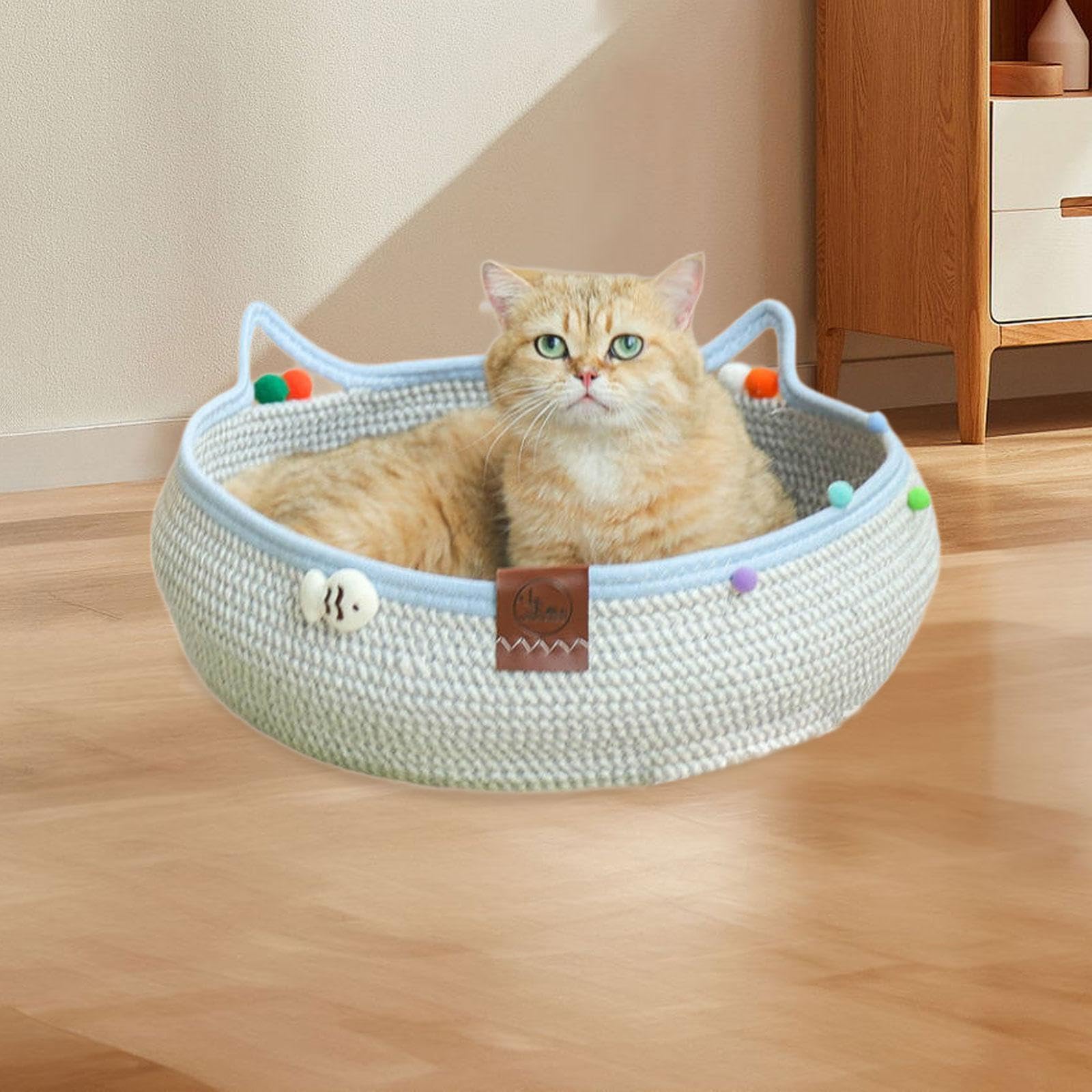 Gralara Panier en Osier pour Chat, Griffoir Intégré, Nid Douillet Respirant en Forme de Tête de Chat, avec Balle Suspendue, Protection pour Meubles, Accessoires pour Animaux, S