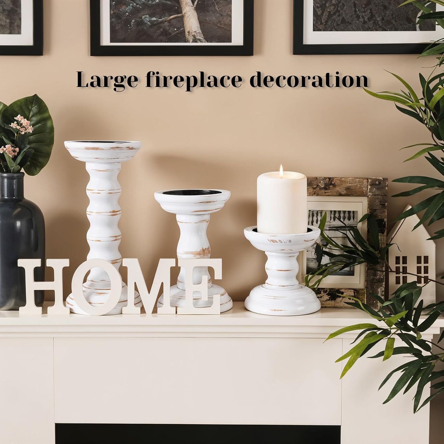 Rustic Candles Holder Set of 3 Farmhouse Wood Candle Holders Rustic Wooden Candle Stand Decorative Wood Candlestick Holdersfor Living Room, Table Centerpiece Dining Fireplace(White)