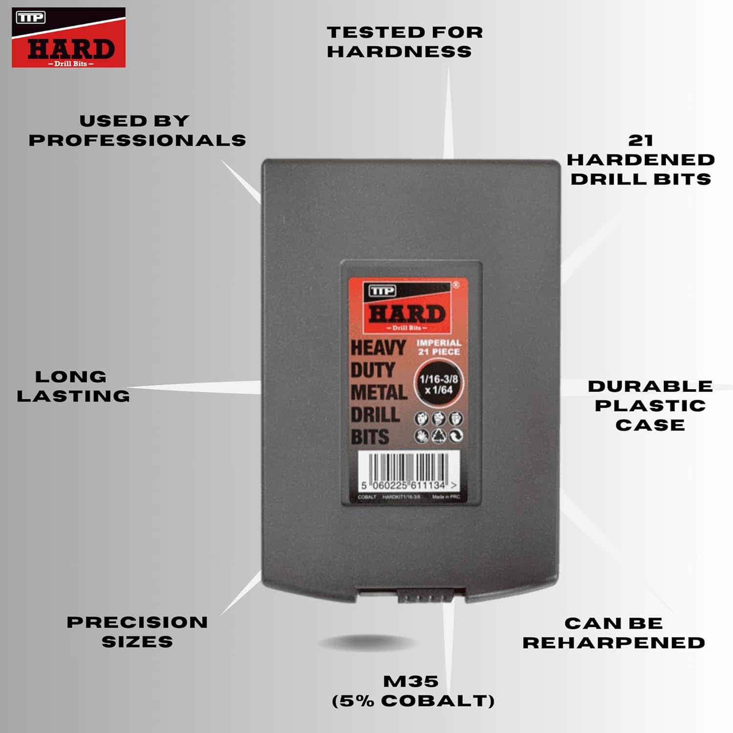 21-Piece M35 Cobalt Drill Bit Set for Metal (1/16–3/8”) – Imperial Jobber Length Bits for Stainless Steel, Hardened Steel, Alloy & Chrome – 5% Cobalt, Heat-Resistant, Long-Life | TTP HARD