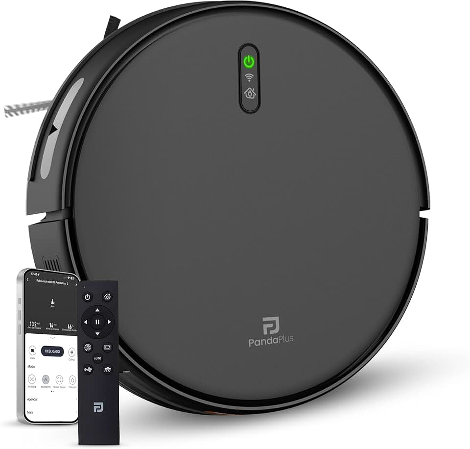 Robô Aspirador De Pó Inteligente Função 3 em 1 Aspira Varre e Passa Pano Wifi Alexa Google App Tuya PandaPlus Giroscópico Mostrar Rota Voltar Base Automático Bivolt (Preto)