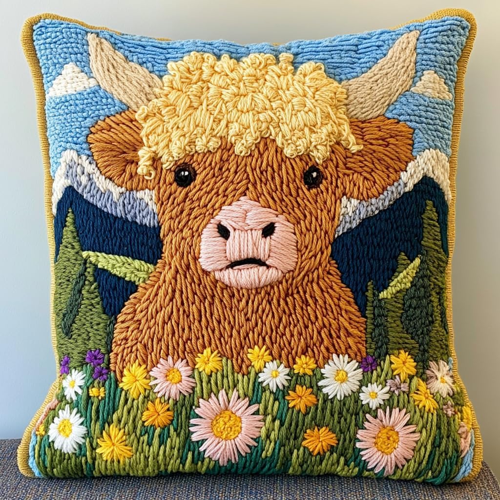 DIY Punch Needle Pillow Kit Highland Cow Daisy and Mountains with Pattern and Hoop Handmade Embroidery Punch Needle Starter Pillowcase Set for Home Sofa Decor 43x43cm-1-3