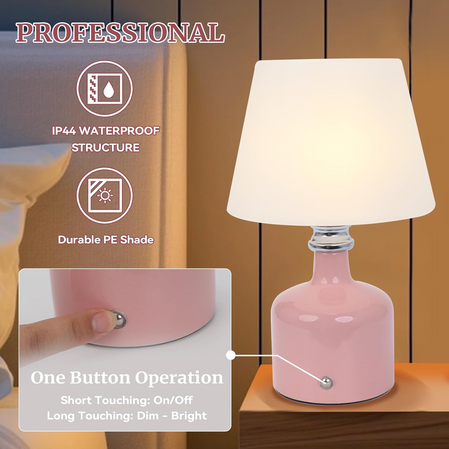Cordless Small Table Lamps Rechargeable,3 Color Dimmable Modern Bedside Lamps,5000mAh Battery Operated,3-Level Brightness,Portable LED Desk Lamp for Bedroom,Dining,Patio,Restaurant,Outdoor (Pink)