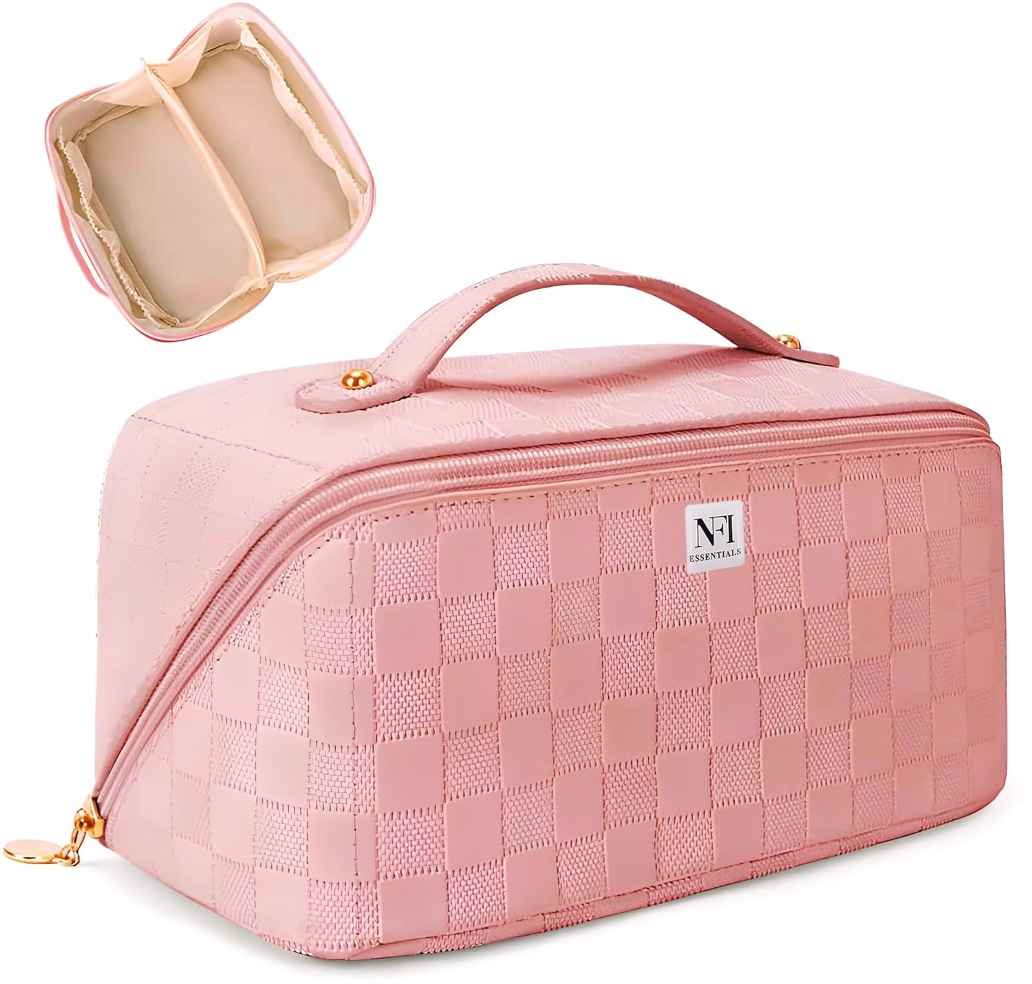 NFI essentials Cosmetic Travel Organizer Bag, Women’s Makeup Pouch Toiletry Bag Portable Leather Wide Opening Cosmetics Bag with Handle and Divider