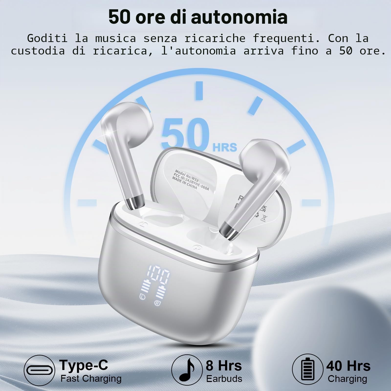 Cuffie Bluetooth, Auricolari Bluetooth 5.4 Cuffie Wireless In Ear con microfono stereo ENC HD, cuffie wireless bluetooth 50H, Cuffiette Wireless IP7 Impermeabile con Display LED, Argento