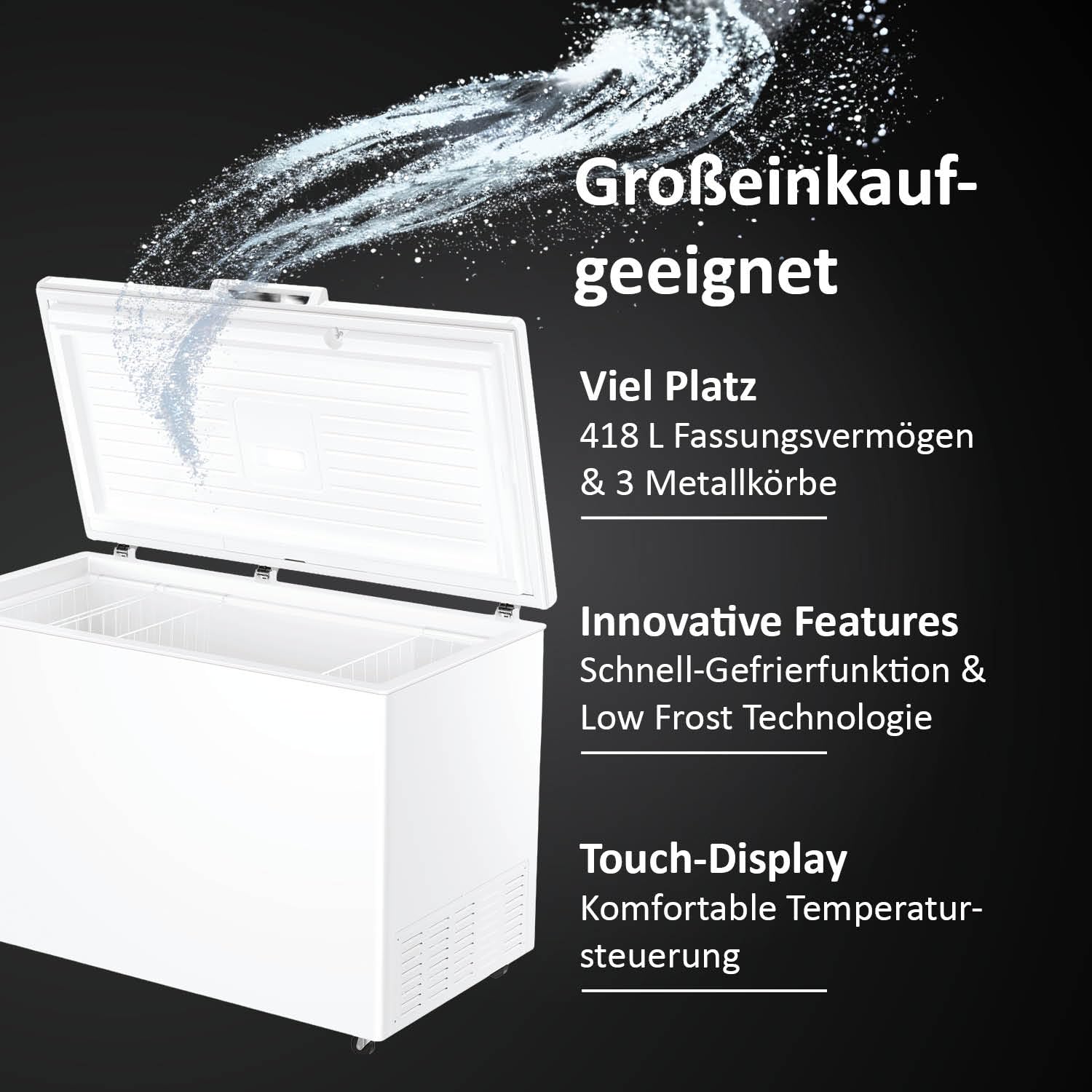 Haier HCE420D Gefriertruhe 418 L Tiefkühltruhe mit Innenbeleuchtung Schnell-Gefrierfunktion Low Frost 3 Metallkörben Energieklasse D