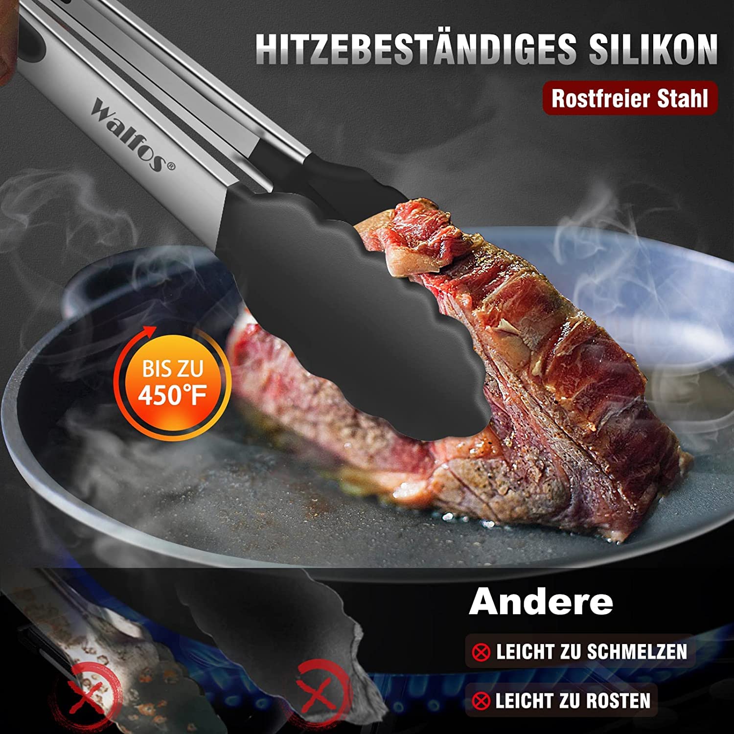 Walfos Set de 4 pinces de cuisine résistantes à la chaleur - Poignée en acier inoxydable et embouts en silicone antiadhésif, brosse en silicone de 21 cm - Pour la cuisine, le buffet,18, 23, 30,5 cm
