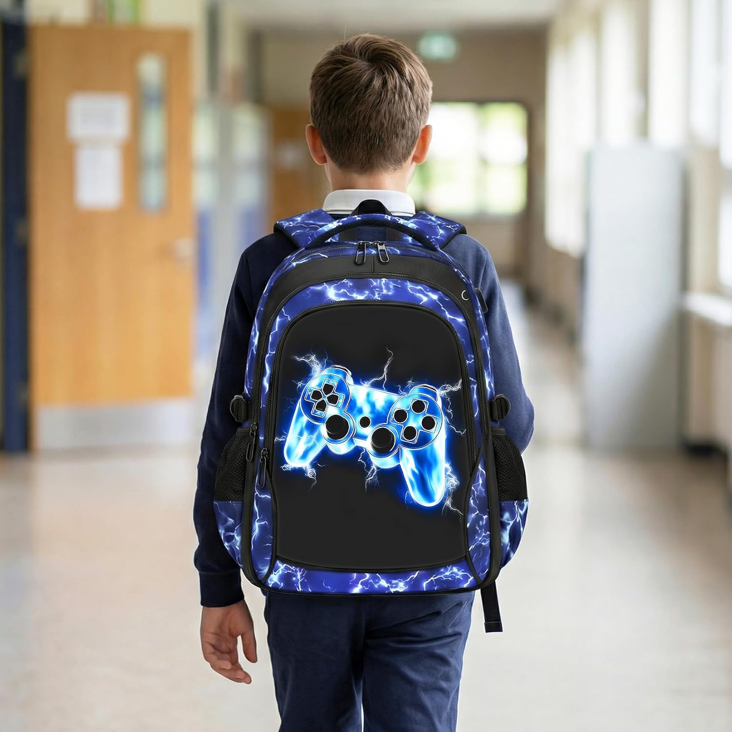 School Backpack for Boys - Gamer Boys Backpack for Kids Teens Elementary Middle School，18" Large Capacity Waterproof Bookbag with Usb Charging Port, Travel Daypack for age 6-18