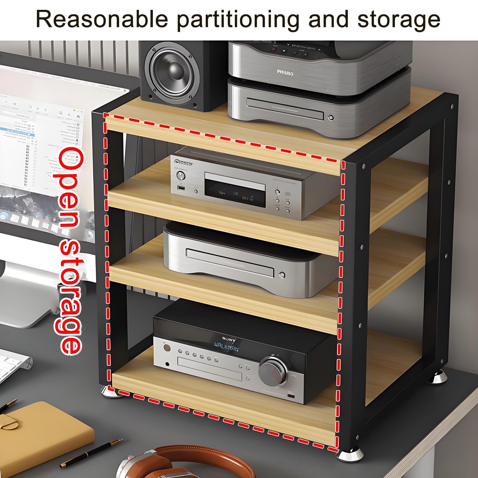 Soporte multimedia de 3/4 niveles, Estante De Audio, Soporte de Medios de almacenamiento abierto, Soporte de Medios de altura ajustable for consolas de juegos/Apple TV/ps4(Nero,15.7"x13.7"x13.9