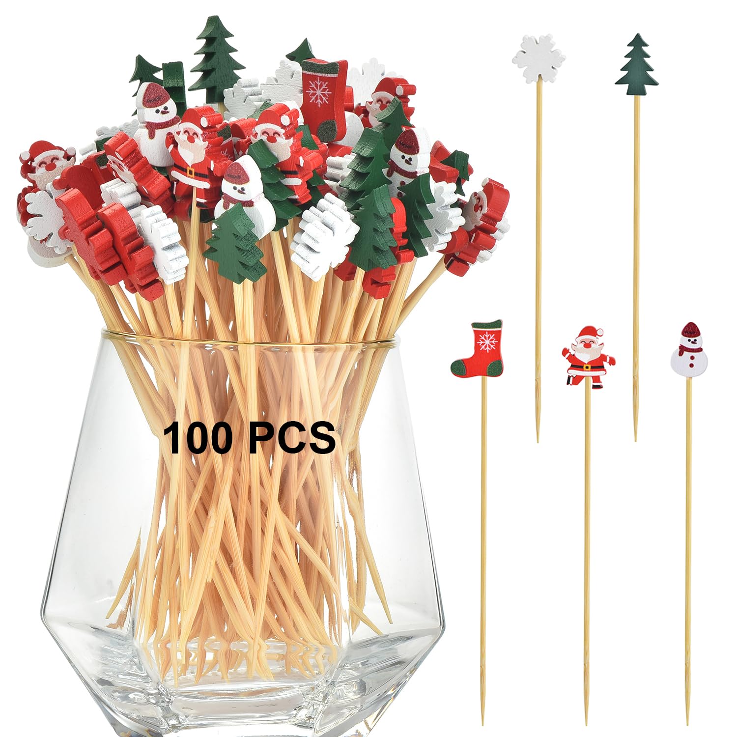 Brochettes à Cocktail Noël 100 Pièces - 4 Styles, Bois 12 Cm, Décoration Fête Et Desserts