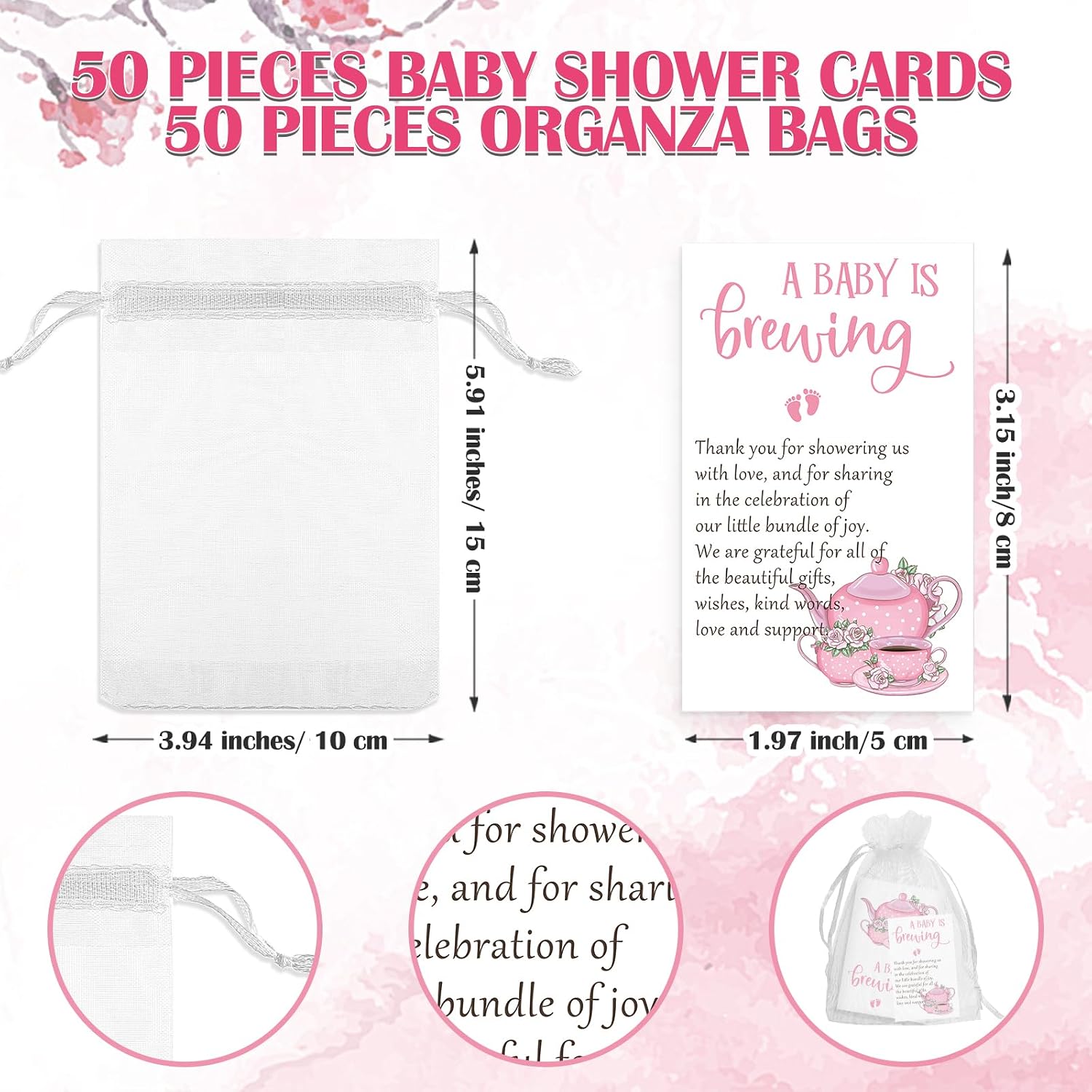 Spakon 50 Sets Baby Shower Favors for Guest Include a Baby Is Brewing Tea Bags Pink Thank You Cards Organza Bags Gender Reveal Supplies Souvenirs Prize, No Tea