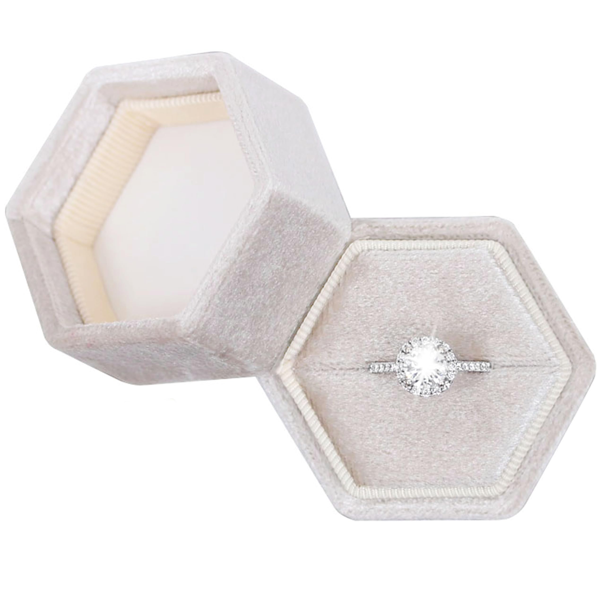BLUTETE Hexagon Velvet Jewelry Single Slot Ring Box Engagement Wedding Box Keepsake Box Bridal Photo Ring (Beige)