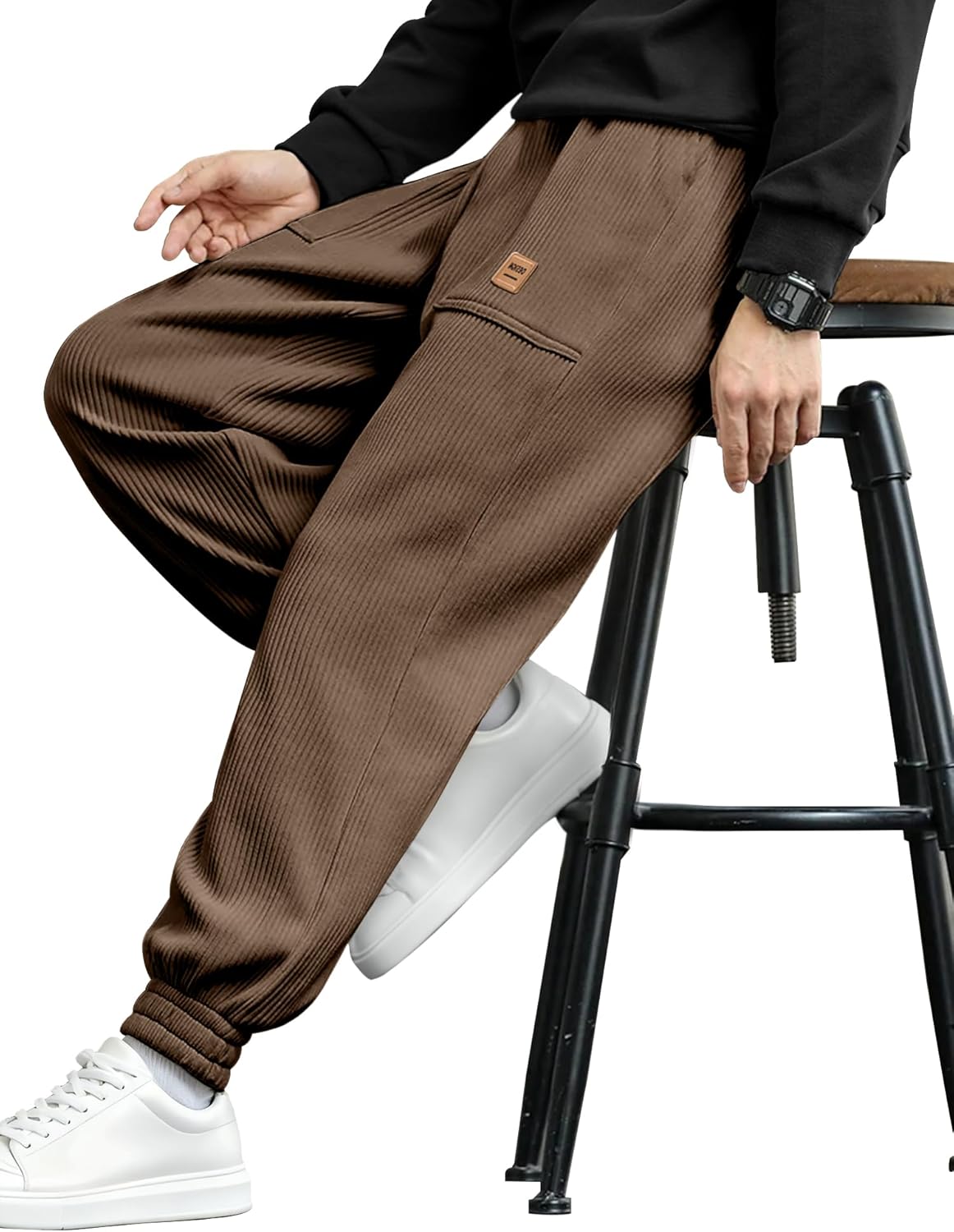 PLEPAN Mens Spring Corduroy Pants Casual Cargo Joggers Tapered Baggy Sweatpants Drawstring Elastic Waist Pants with Pockets - Image 5