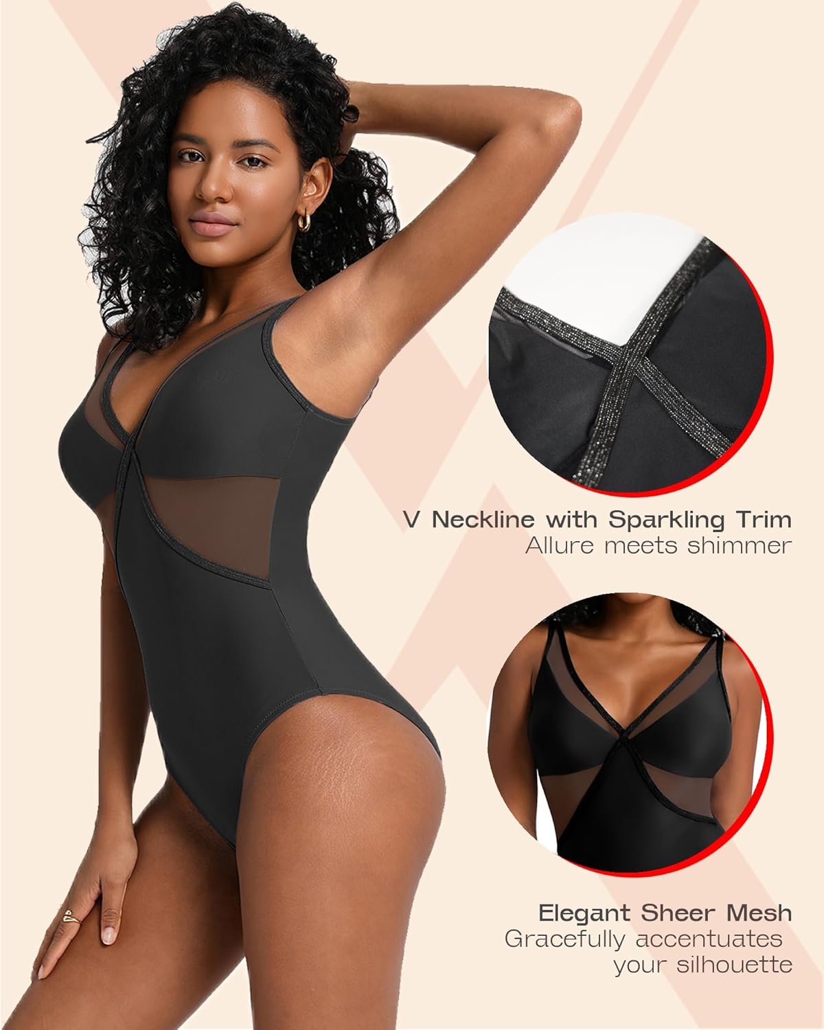V Neck One Piece Swimsuit Mesh Bathing Suit for Women Built-in Bra Swimsuits Adjustable Straps Vacation Swimwear - Image 2