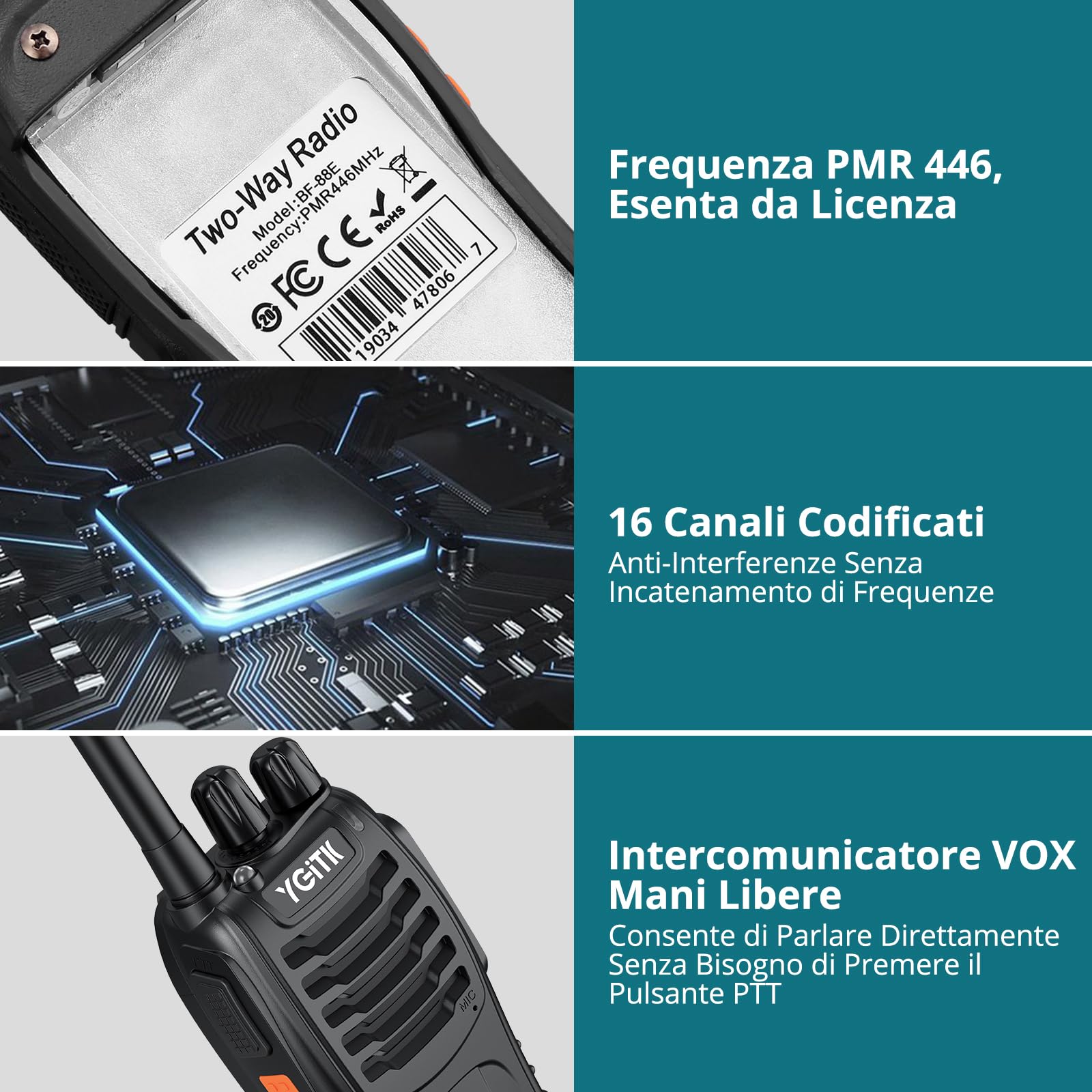 Walkie Talkie PMR446, 2 Pezzi Ricetrasmittenti Portatili con Canali 16, Portata fino a 1.5 km in Spazio Aperto, per Gestione Alberghiera/Escursionismo/Campeggio/Viaggi - Ricaricabili via USB