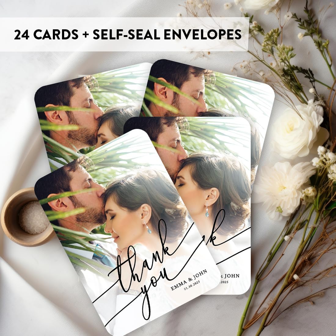 Andaz Press Personalized 5x7-Inch Photo Thank You Cards with Envelopes, Wedding Thank You Card with Message, Cursive Thank You Custom Photo, Name, and Date, Wedding Thank You Notes, 24-Pack