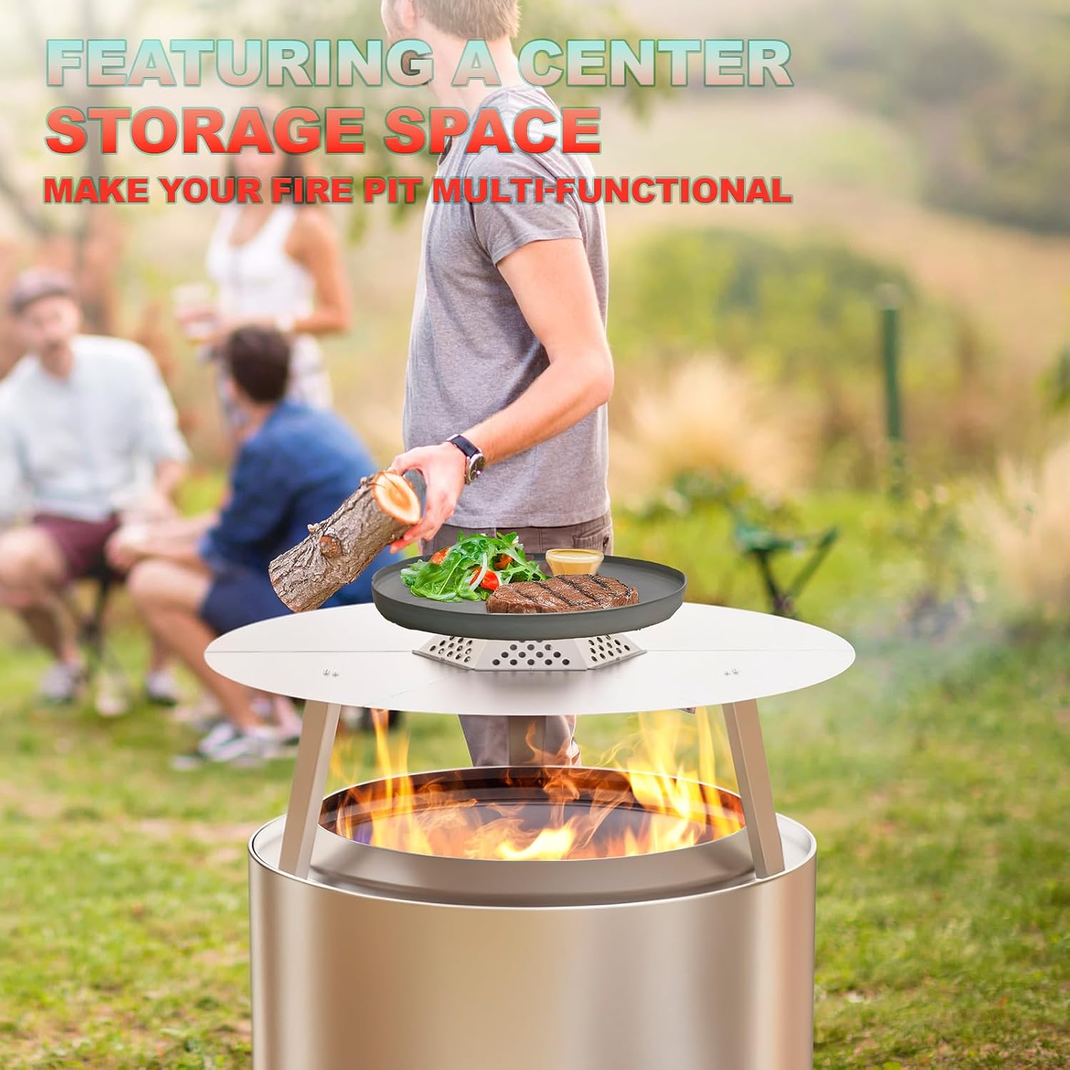 Fire Pit Surround Tabletop & Heat Deflector for Solo Stove Yukon 27'',Powder-Coated Steel Stove Table Surround with 304 Stainless Steel Fire Pit Pellet Adapter Diffuser for Solo Stove