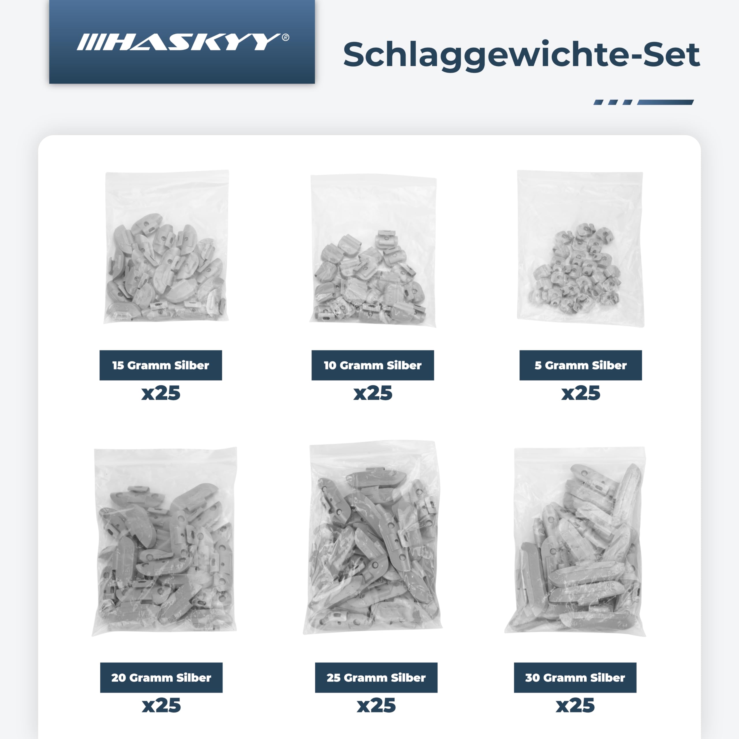 HASKYY 150 Pesi assortiti da 5 a 30g per equilibratura ruote in ferro auto l 25x 5g, 10g, 15g, 20g, 25g 30g I pesi di bilanciamento per cerchioni in acciai