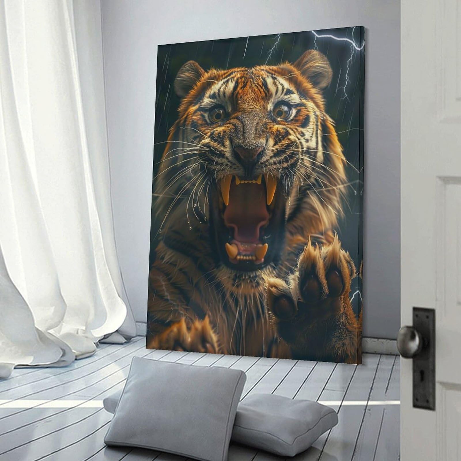 Junmoney Tiger Lightning Canvas Wall Picture, 08x12inch(20x30cm), for Front Hall, Corridor Or Welcome Spaces, Wall Decor to Refresh Empty Corners