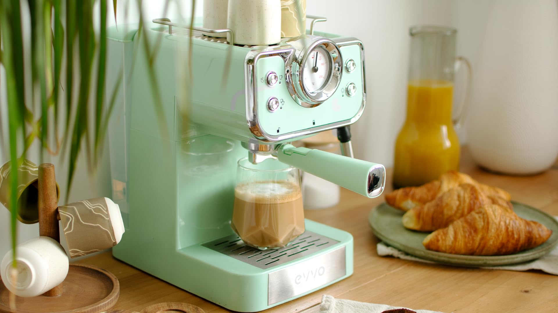 EVVO Cafetera Espresso Intensa Retro Azul - Cafetera Espresso, 15 Bares, 950W, Acero Inoxidable, Brazo Doble, Termo Block, Precalentado Rápido, 1.5L, Vaporizador, Portafiltros