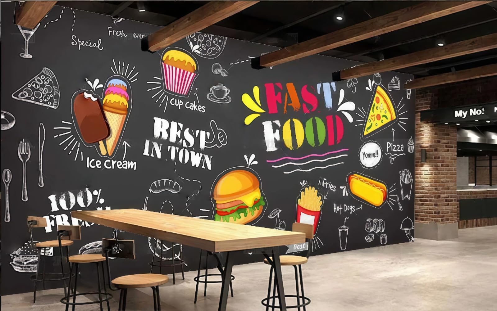 XDOUBAO Wallpaper Personalized Blackboard Hand-Painted Burger Pizza Snack Bar Afternoon Tea Coffee Shop Background Mural Western Restaurant Wallpaper,3D,350x245cm