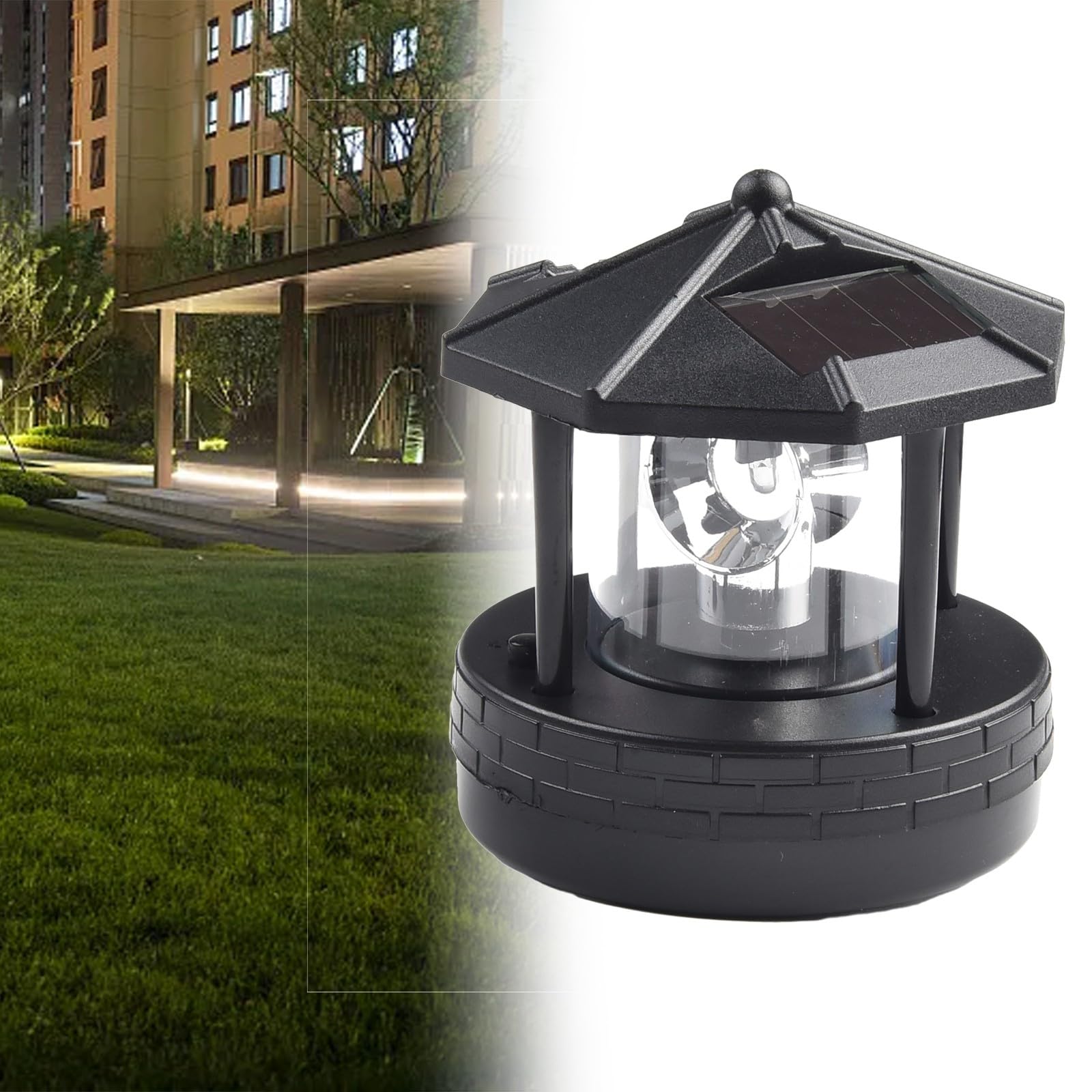 LatoYard Outdoor Solar Lighthouse Garden Light, 360 Degree Rotating Lawn Lamp with 2 Panels, IP44 Waterproof ABS Decor for Pathway Yard, White Light, Black