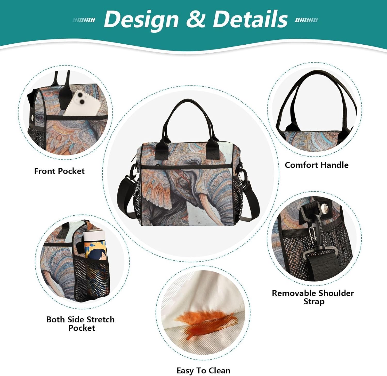 Totem Elephant Print Insulated Lunch Bag for Women Men Spacious Interior Leakproof Thermal Lunch Box Cooler Bag for Office, Outdoor, Travel Medium