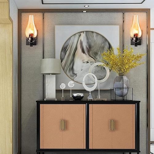 Miniatura 3 de Aplique de pared estilo campestre bronce aceitado con vidrio ámbar lámpara de pared vintage E26E27 base para casa de campo dormitorio sala