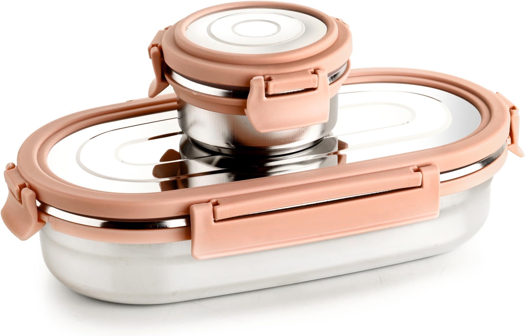 Ganesh Oval Lunch Box Steel with 4 Side Lock Lid, 650 ml and Inner Stainless Steel Container, 100 ml Easy to Carry (Mulitcolor)