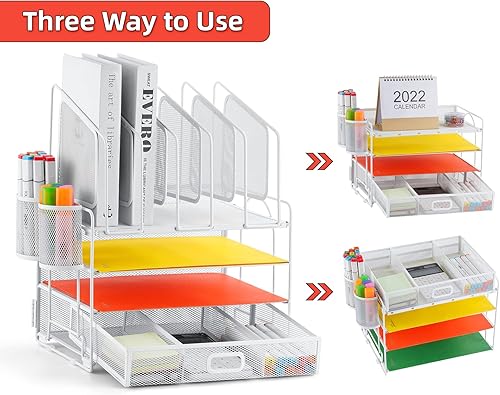 Miniatura 10 de Marbrasse Organizador de escritorio dorado, organizador de archivos de escritorio de malla de 4 niveles con 5 soportes verticales para archivos y 2