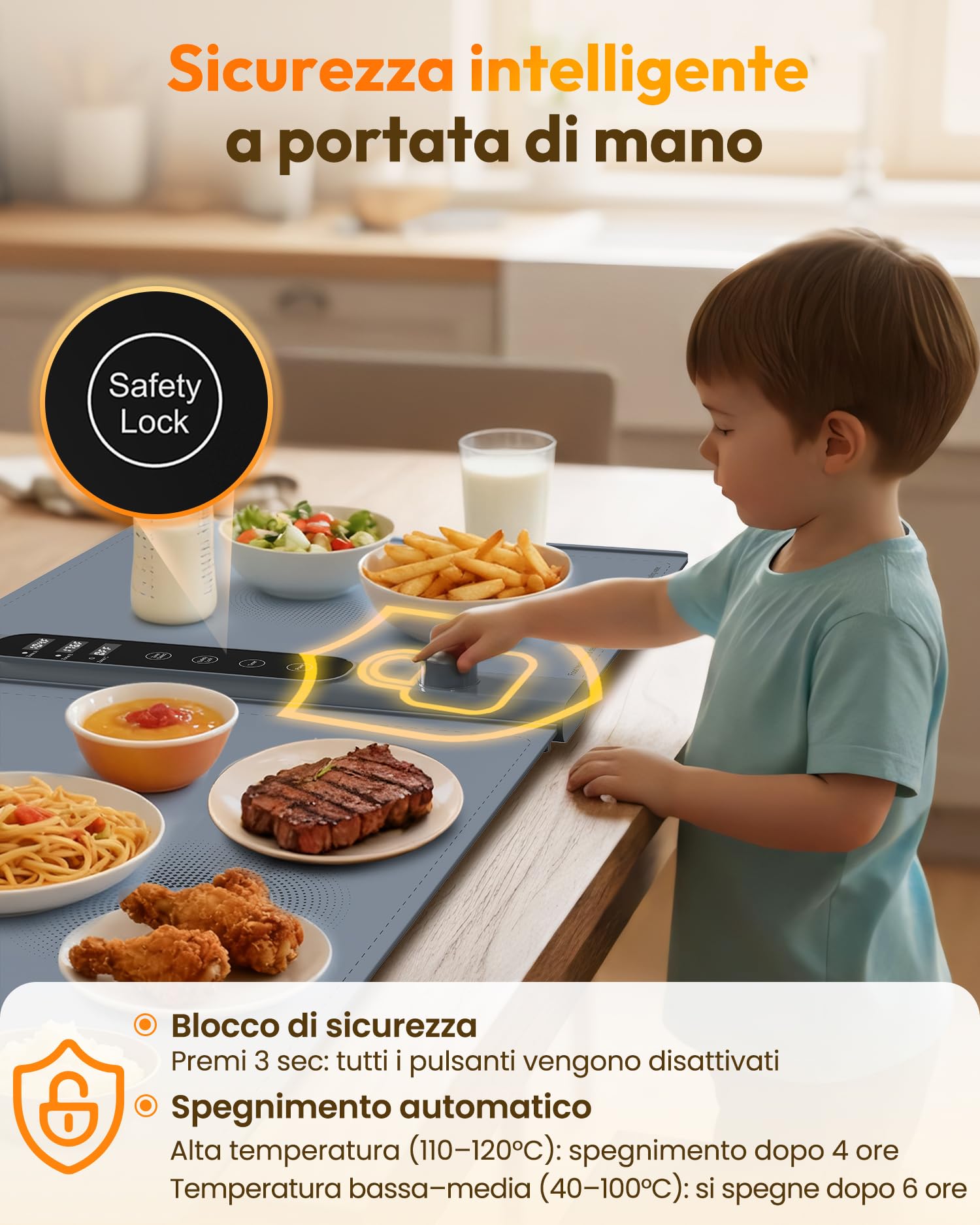 Vassoio Riscaldante Elettrico a 3 Zone Indipendenti 101×43 cm, Vassoio Riscaldante Pieghevole con 17 Livelli di Temperatura Precisi e Timer 1–6H, Tappetino Riscaldante in Silicone per Buffet e Feste