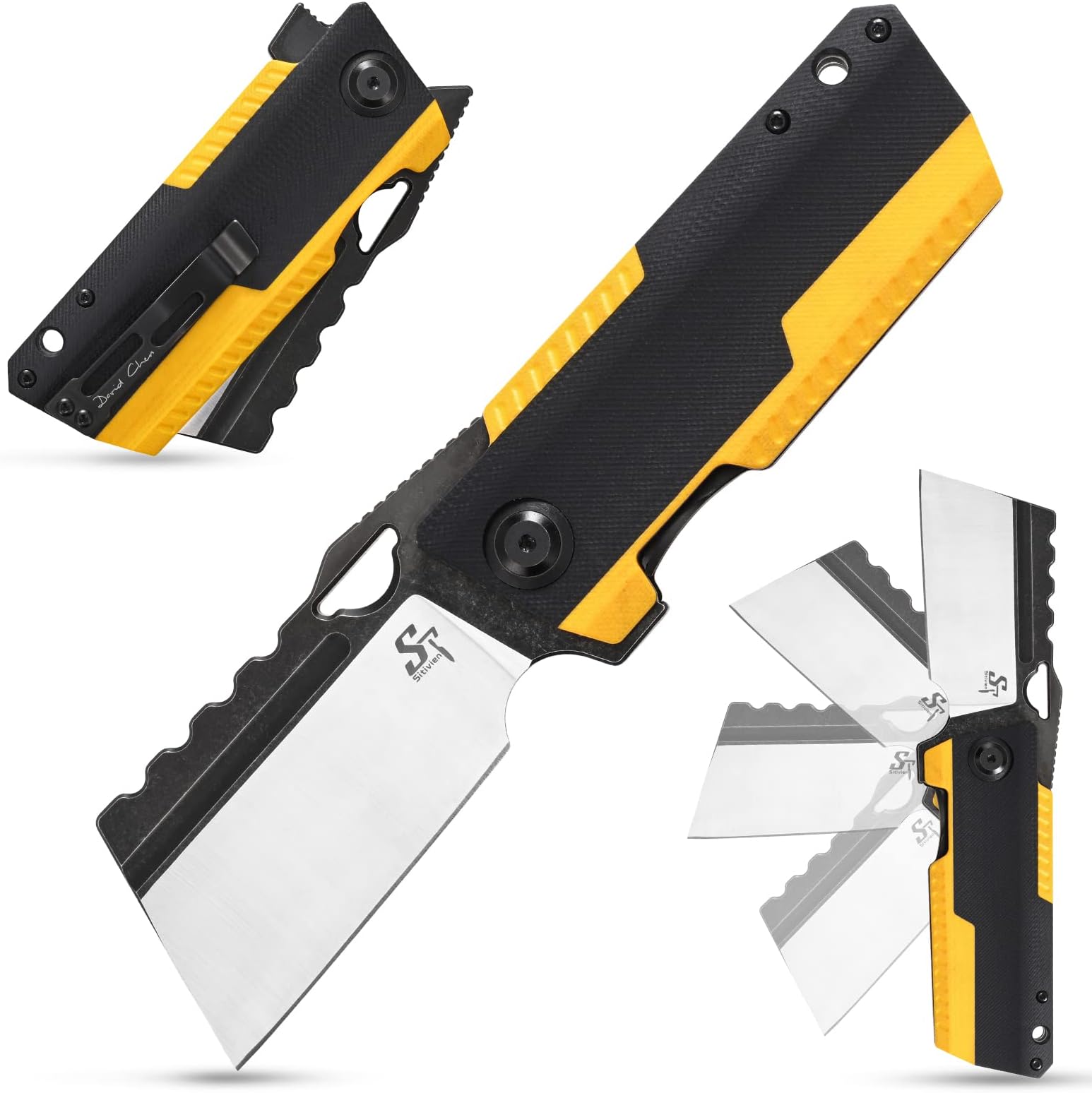 ST155 Folding Knife,Sandvik 14C28N Steel Blade,G10 Handle EDC Tool Knife Pocket Knife for Fishing,Camping,Hiking(Black+Yellow) …