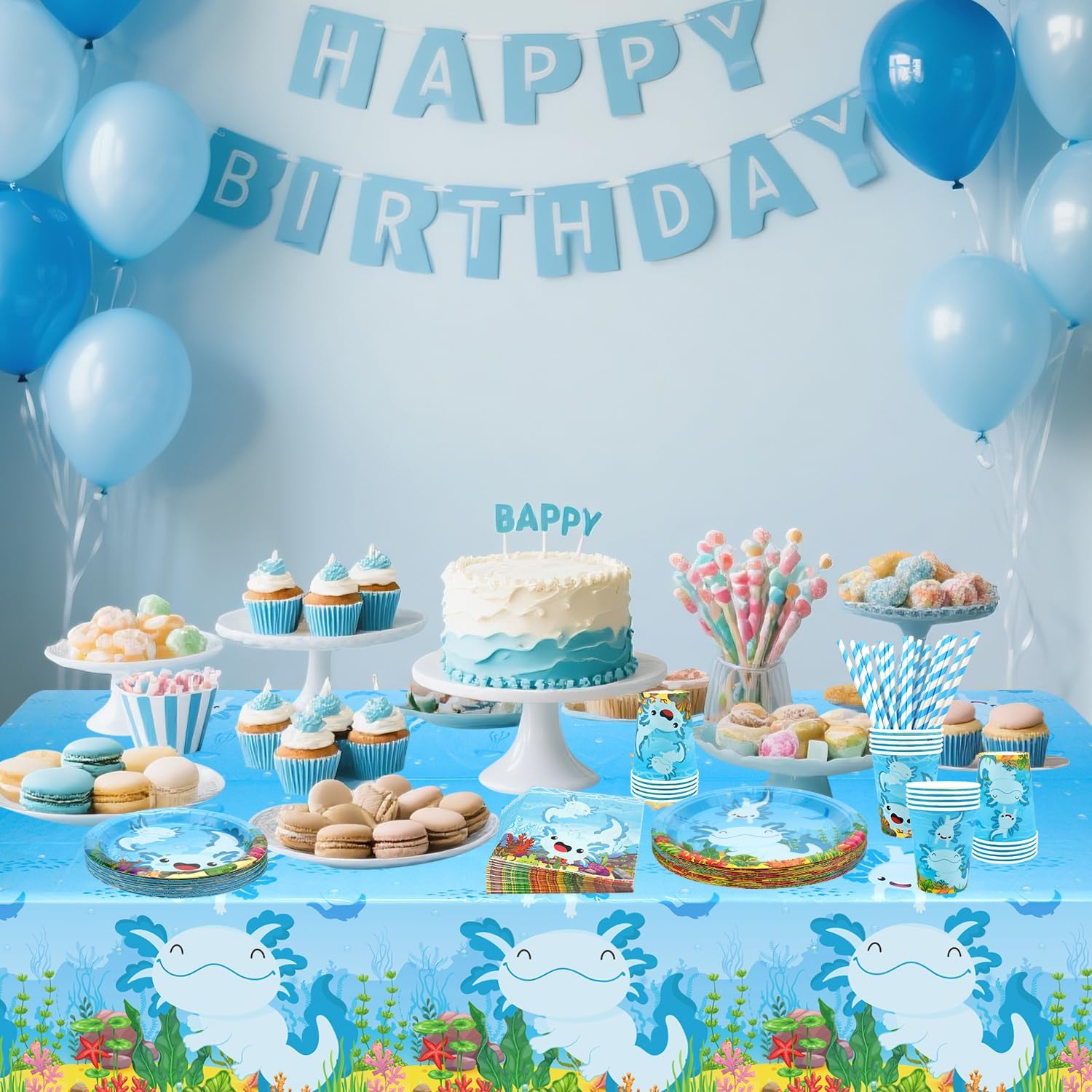 KEFAN Blue Axolotl Birthday Party Decorations, Blue Axolotl Theme Party Tableware Supplies including Plates, Cups, Napkins, Tablecloth, Serves 20 (20) - Image 6